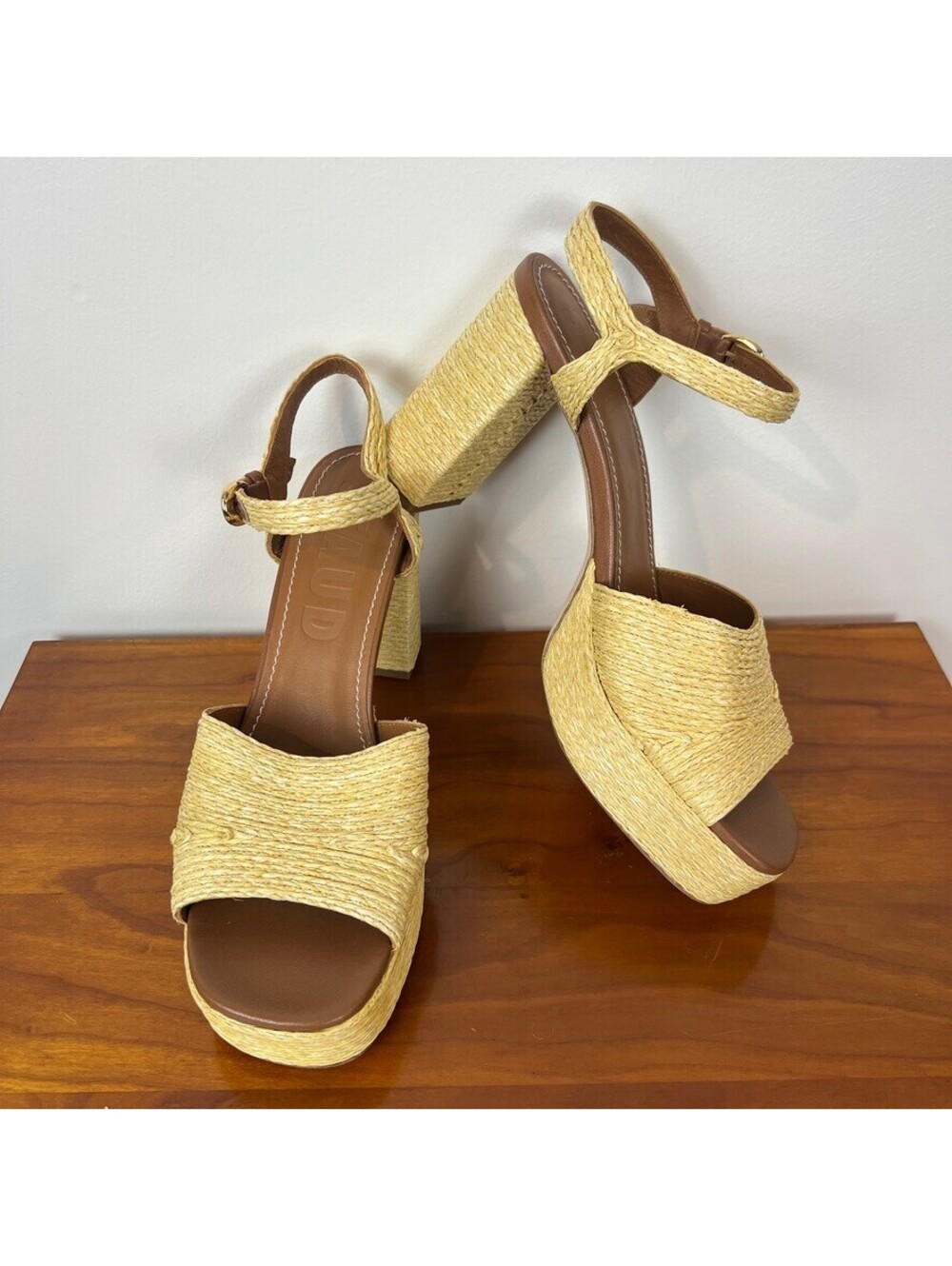 STAUD Raffia Platform Block Heel Sandals Natural Leather Women’s 38.5 NWT
